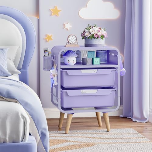 Kids Metal Nightstand with 2 Drawers and Storage Basket - Purple