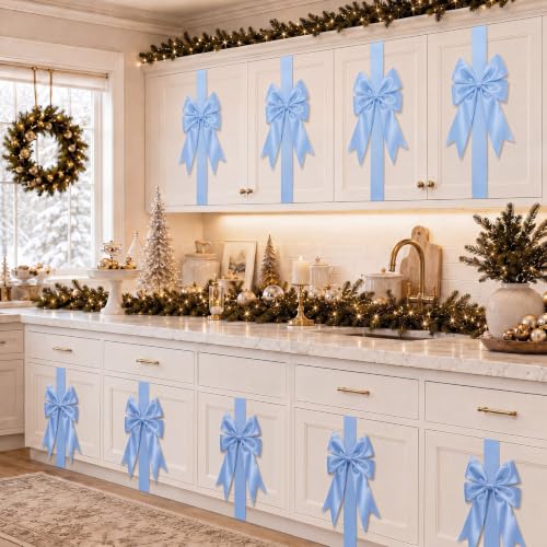 WILLBOND Light Blue Christmas Cabinet Bows, 6 Pieces - Satin Ribbon Decorative Kitchen Tools
