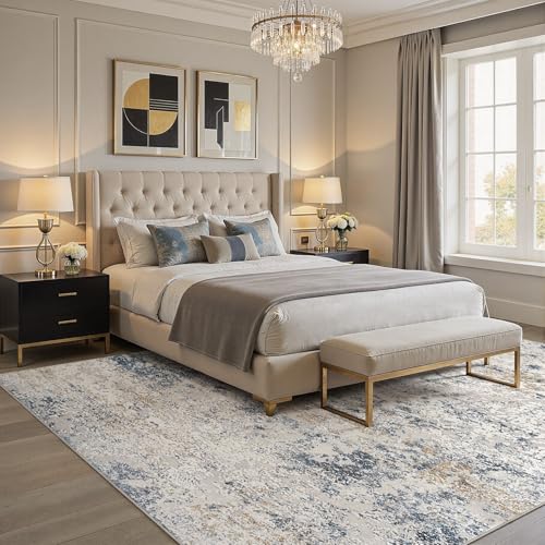 8x10 Washable Abstract Area Rug, Neutral Beige and Blue Non-Slip Carpet