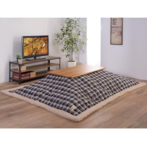Square Kotatsu Futon Comforter, 75 x 75 Inch Navy Checked Polyester Blanket