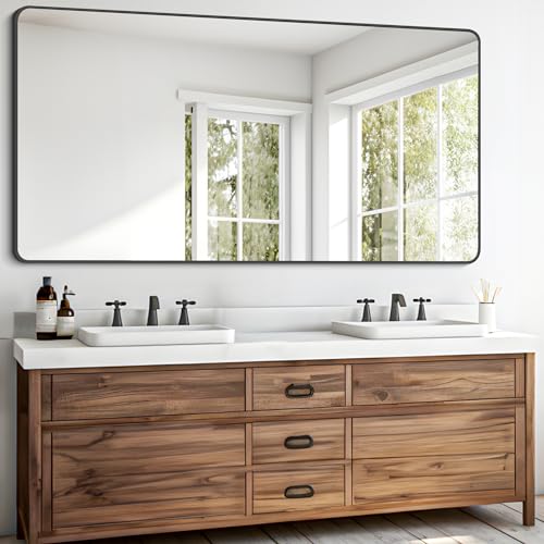 30x60 Inch Large Rectangular Wall Mirror, Black Metal Framed Bathroom Mirror