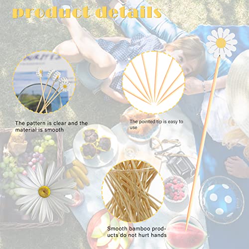 Crafterlife Daisies Spring Floral Cocktail Picks - 100 Eco-Friendly Food Skewers for Party & Appetizers