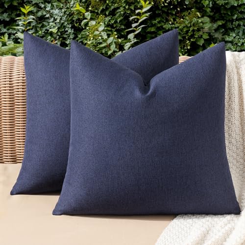 MIULEE Waterproof Outdoor Throw Pillow Covers 18x18 Navy Faux Linen, Set of 2