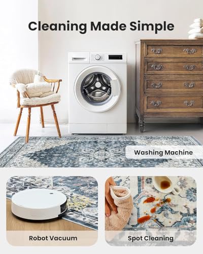 8x10 Vintage Washable Area Rug - Non-Slip Blue Rug for Living Room