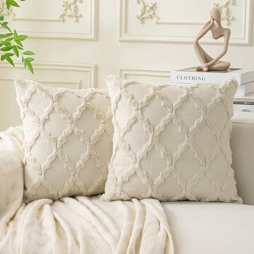 Set of 2 Moroccan Faux Fur Throw Pillow Covers 18x18 Inch Beige Boho