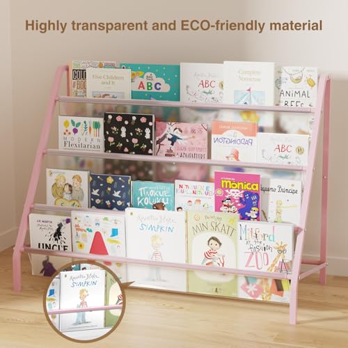 4-Tier Metal Kids Bookshelf - Transparent Front-Facing Toddler Book Rack