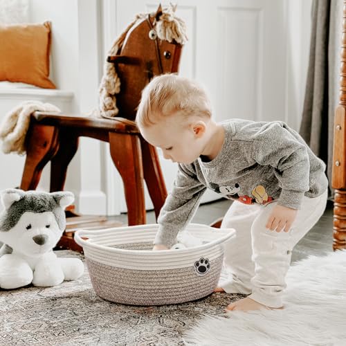 Woven Rope Dog Toy Storage Basket with Handles & Paw Print - 12" x 8" x 5"