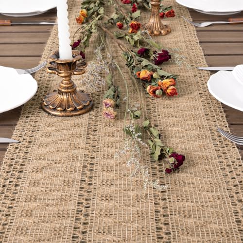Boho Macrame Table Runner - Rustic Woven Cotton Linen (12 x 36 in)