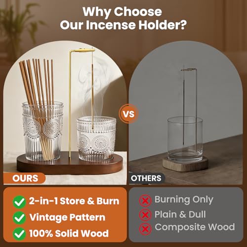 2-in-1 Vintage Glass Incense Burner with Wood Base - Upside Down Ash Catcher
