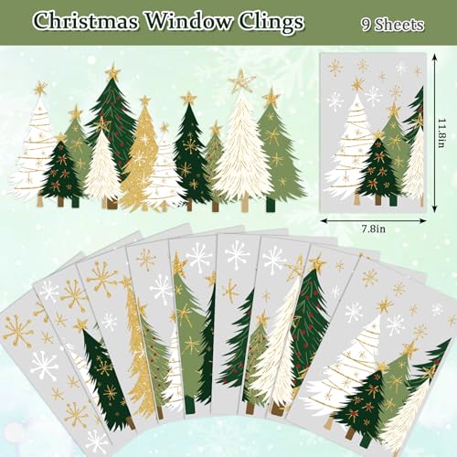 Whaline 9 Sheets Christmas Window Clings - White Green Gold Xmas Tree & Snowflake Decor (White Green Gold Trees)