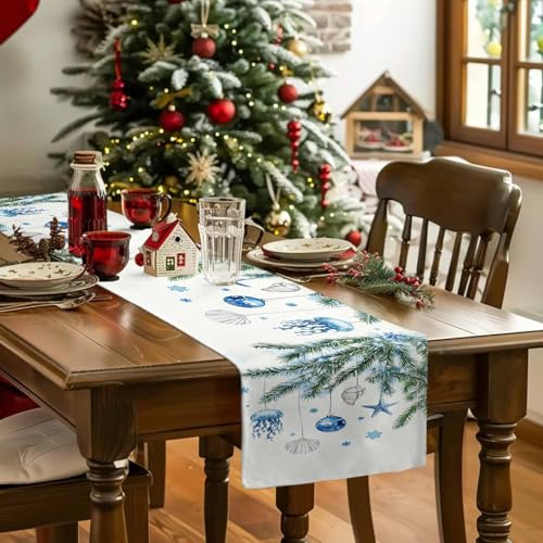 Dodgerblue 13 x 120 inch Blue Coastal Christmas Table Runner - Cotton-Linen Blend