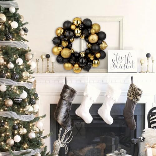 GnFlus Gold & Black Halloween Ball Wreath 13" Xmas Ornament Garland Decor