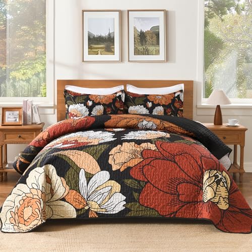 Andency Black Floral Boho King Quilt Set - 3-Piece Reversible Bedspread