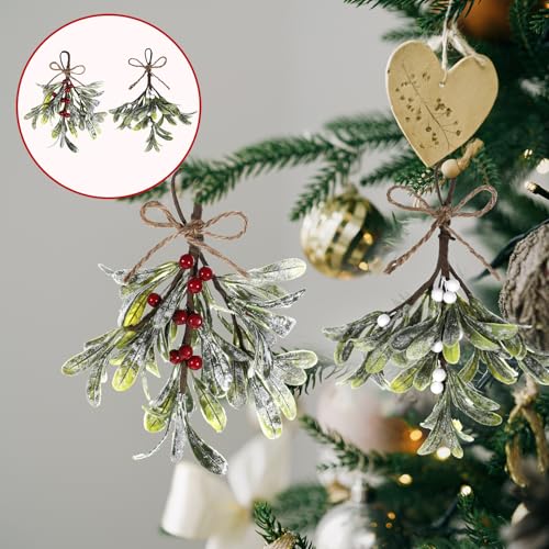Mistletoe Hanging Ornament - 2 Pack Christmas Decor with Red/White Berries