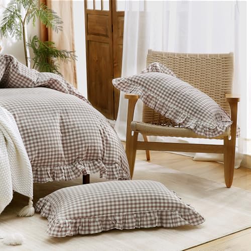 Tan Gingham Ruffle Duvet Cover Set - Queen 100% Washed Cotton Bedding