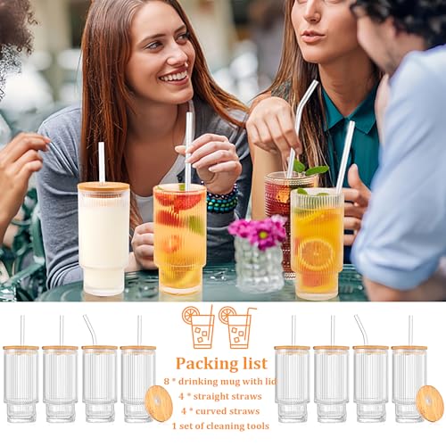 8-Piece Ribbed Glass Cup Set with Bamboo Lids and Straws, 11oz Stackable