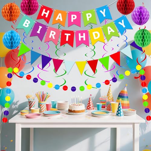FECEDY Birthday Party Decorations Set with Banner, Honeycomb Balls and Confetti