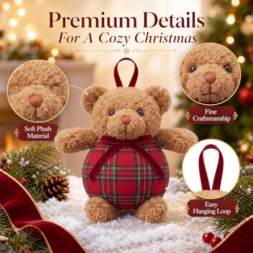 Resholder 16 Pack Christmas Plaid Bear Ornaments - 4in Red Plush Bears