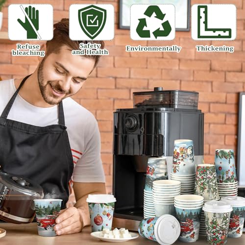 Gerrii 100-Piece Christmas Paper Cups 12 oz with Lids - Vintage Rural Style