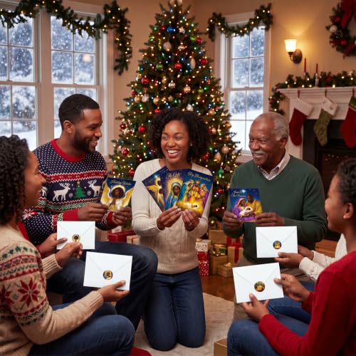 Dunzoom 120-Pack African American Nativity Christmas Cards Set — 8 Designs, 15 Each (Includes Envelopes & Stickers) Black Nativity