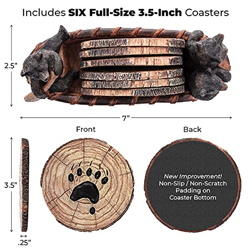 Rustic Bear Coaster Set - 6 Handcrafted Resin Coasters in Canoe Holder