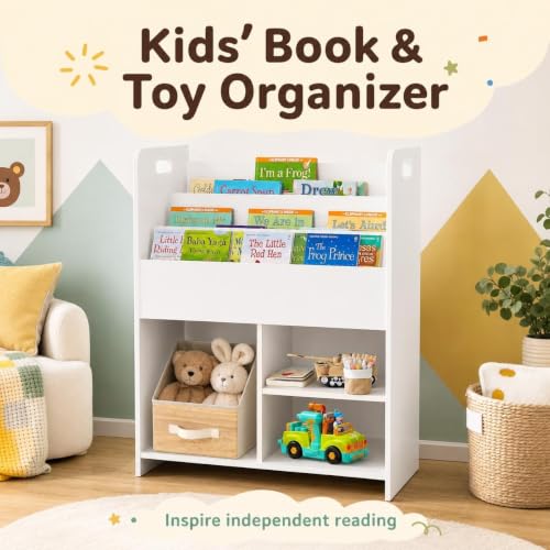 Kids Bookshelf and Toy Organizer, Front-Facing Wooden Storage Rack