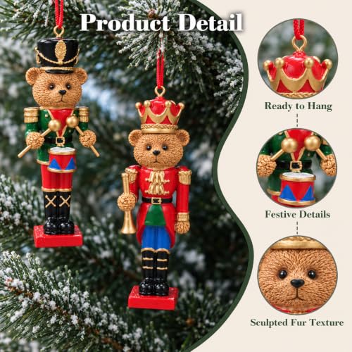 3D Teddy Bear Christmas Ornaments Set of 2 - Resin Holiday Tree Decorations