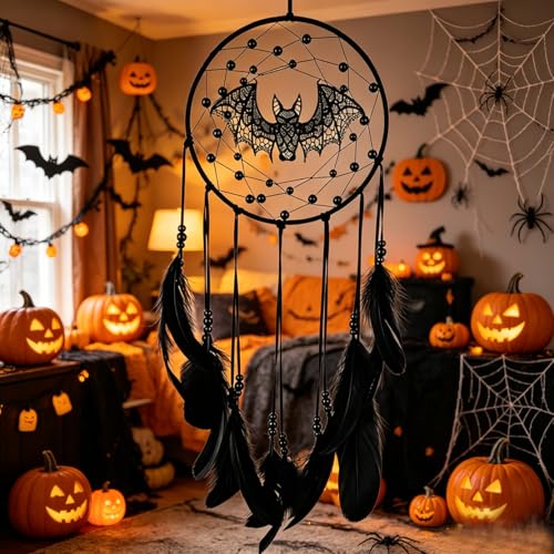 Large Gothic Black Dreamcatcher with Bat Accents for Wall Decor