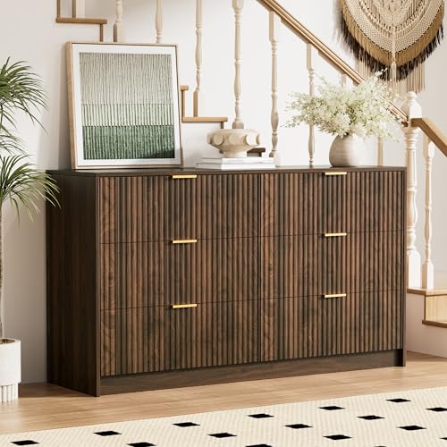 Modern 6-Drawer Walnut Dresser with Gold Handles, Wide Storage Chest