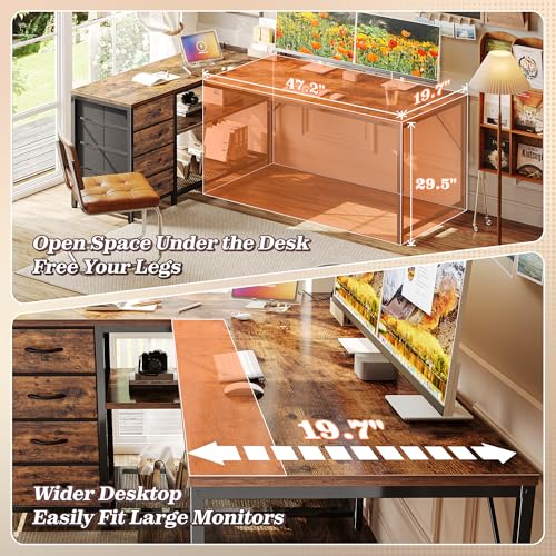 61-Inch L-Shaped Corner Desk with Power Outlets, 4 Drawers and Storage Shelves