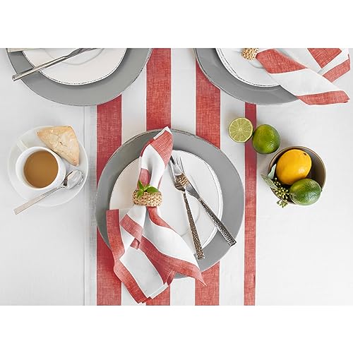 Solino Home 100% Linen Table Runner Red & White Stripe 14 x 90 Inch – 6–8 Seater