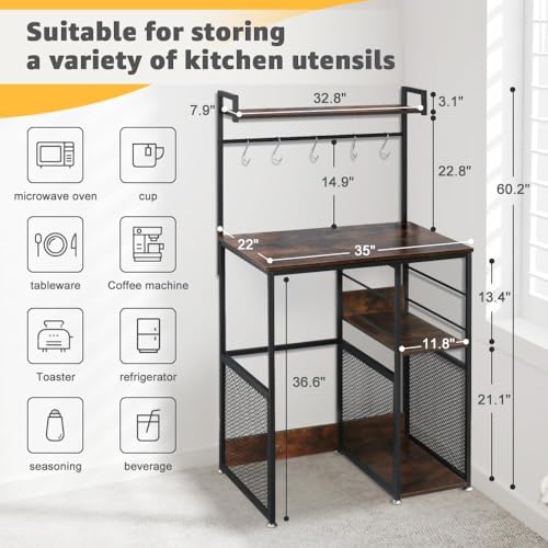 LUCKUP 4-Tier Mini Fridge Cabinet with Shelves and Adjustable Feet, Rustic Brown Kitchen Storage Rack