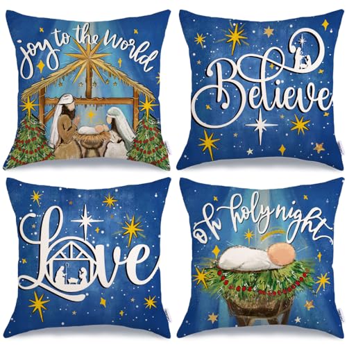 Christmas Throw Pillow Covers Set of 4 - 18x18 Inches Blue Oh Holy Night Religious Decor