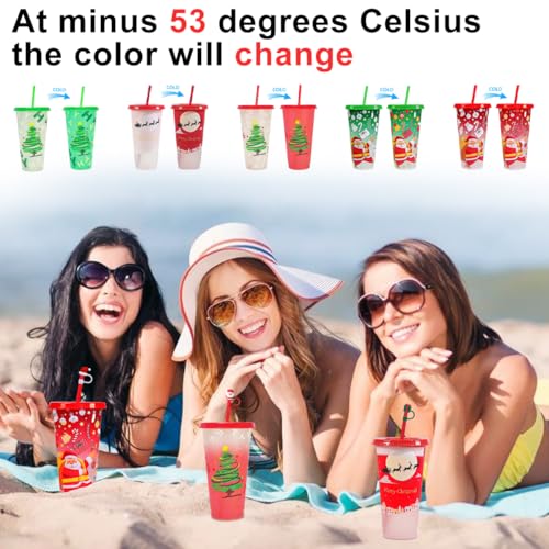 KJRIVER 5 Pack Christmas Color Changing Cups with Lids & Straws 24oz (Color Changing)