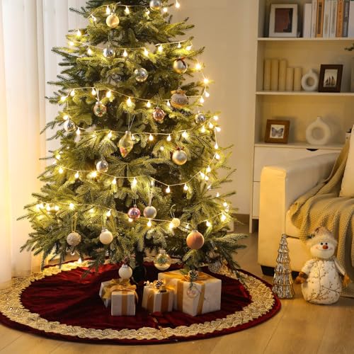 Soulchen 60-Inch Burgundy Velvet Christmas Tree Skirt with Gold Edge and Pearl Embellishments