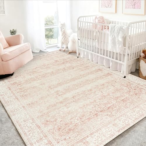 Vintage Floral Pink Nursery Rug - 5x7 Washable Boho Distressed Area Rug