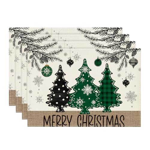 Green Pine Tree Balls Christmas Placemats Set of 4 12x18 Inch Winter Holiday Table Decor