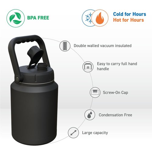 Asobu Mighty Stainless Steel Double Walled Insulated Jug 68 Ounces - Half Gallon (Dark Grey)