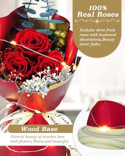 Preserved Rose Bouquet in Glass Dome with LED Lights, Eternal Floral Gift