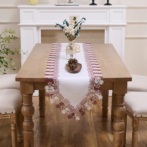 Dark Red Floral Lace Table Runner 16x48 inches for Home Decor