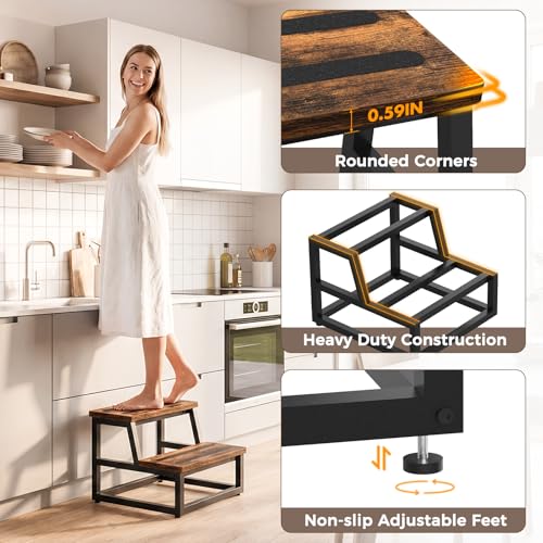 2-Step Stool with Non-Slip Rubber Feet, Sturdy Steel & Wood Ladder for Home