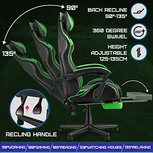 Ergonomic Gaming Chair with Footrest, Lumbar Support & Recliner, Green