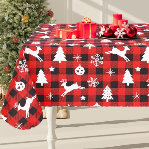Smiry 60x120 inch Christmas Table Cloth with Flannel Backing - Reindeer/Tree/Snowflake Pattern, Waterproof Vinyl