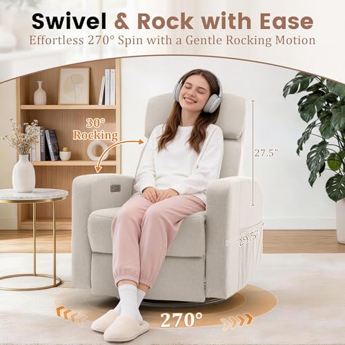Power Swivel Rocker Recliner Chair with USB Ports and Side Pockets, Beige