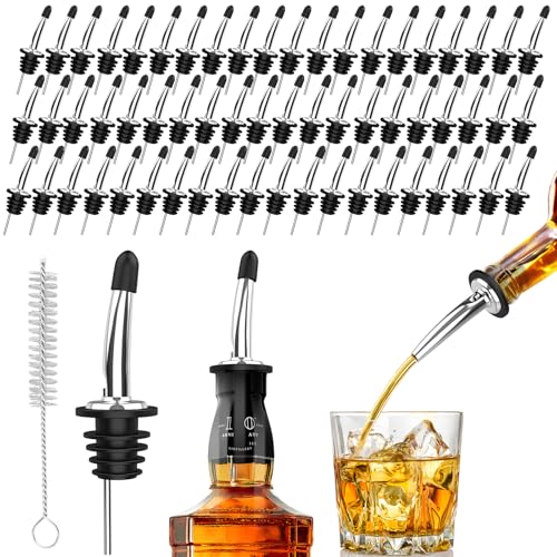 Stainless Steel Liquor Bottle Pourers with Rubber Dust Caps - 60 Pack