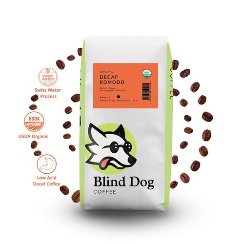 Blind Dog Coffee - 12 Oz Whole Bean Decaf Coffee - Low Acid Medium Roast - Swiss Water Process - Flavored Decaffeinated - Perfect Brew to Start your Day