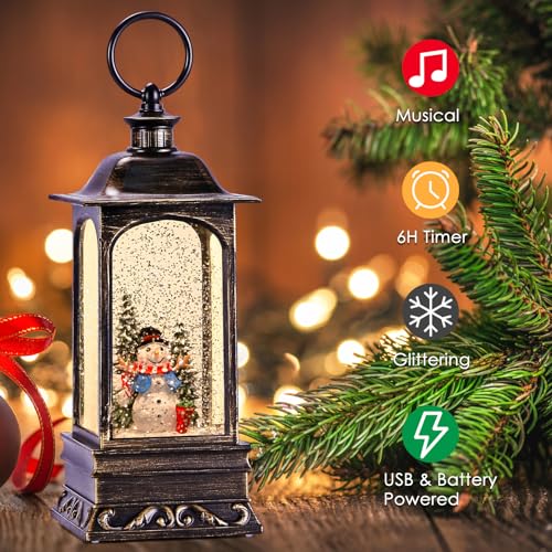 Musical Lighted Christmas Snow Globe Lantern with Timer & Snowman