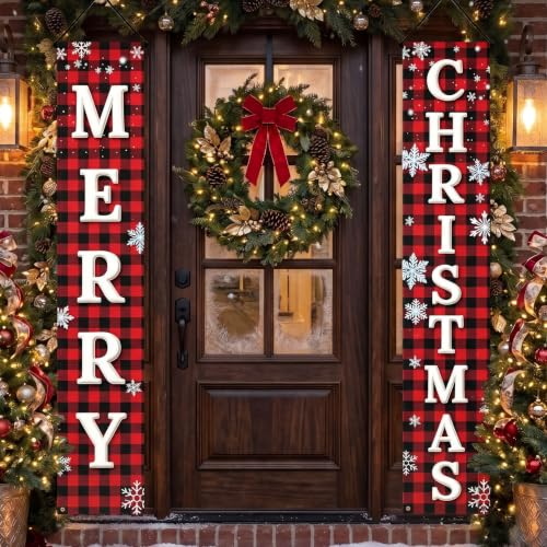 ChunRun Red Buffalo Plaid Christmas Porch Banner Set (2) 71" x 12" - Merry Christmas Outdoor Decor, Front Door & Yard