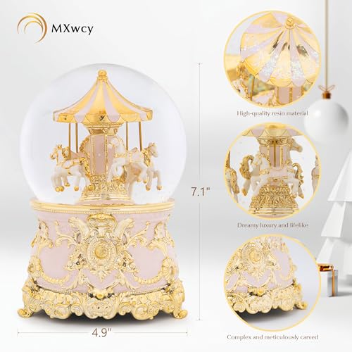 7.1-Inch Rotating Carousel Snow Globe Music Box - Gold and Pink