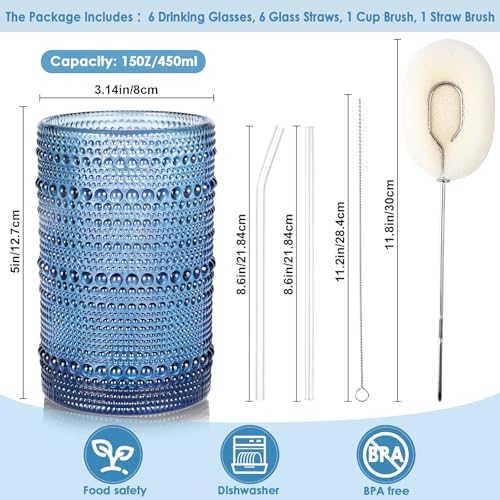 Blue 15oz Hobnail Drinking Glasses Set of 6 - Vintage Water Tumblers for Beer Juice & Mixed Drinks